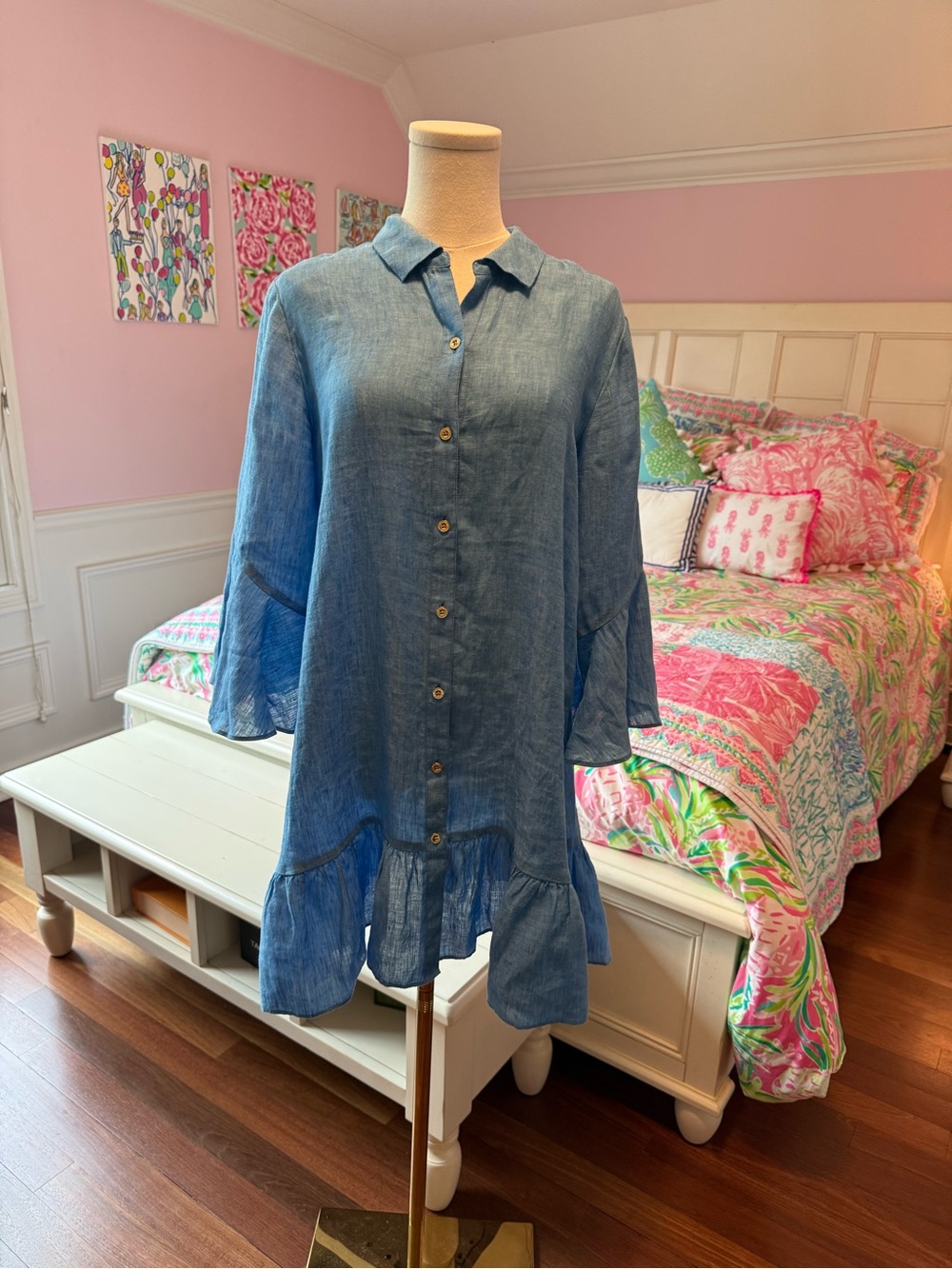 Lilly Pulitzer Chambray Blue Linen Button-Front Ruffled Hem Dress or Cover-up